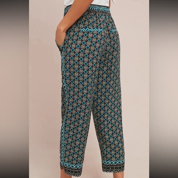 Anthropologie Geometric Print Tie Waist High Rise Jogger Pants in Green Motif S - Picture 2 of 15